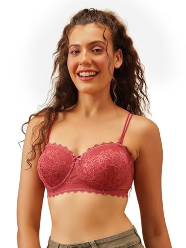 Clovia Women’s Peach Lace Bra – Padded, Underwired, with Adjustable Noodle Straps